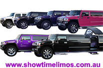 Showtime Limousines Hire Perth Fleet. Options of Hummer Limos Colour are Pink, Purple, Black, White